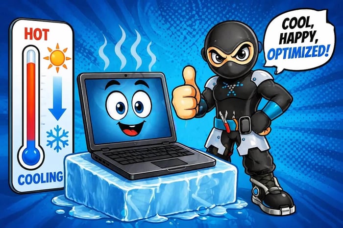 A ninja cooling down a laptop on ice