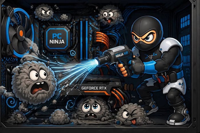 A ninja cleaning dust bunnies out of a computer