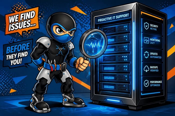 Ninja inspecting a server rack with a magnifying glass