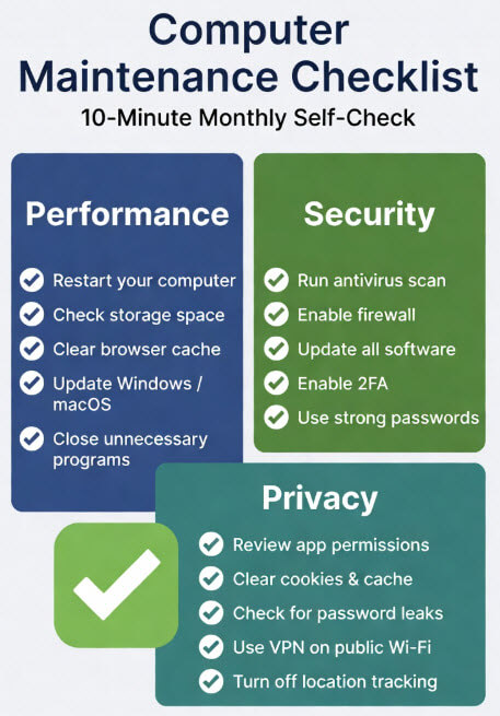 Computer maintenance checklist covering performance, security, and privacy