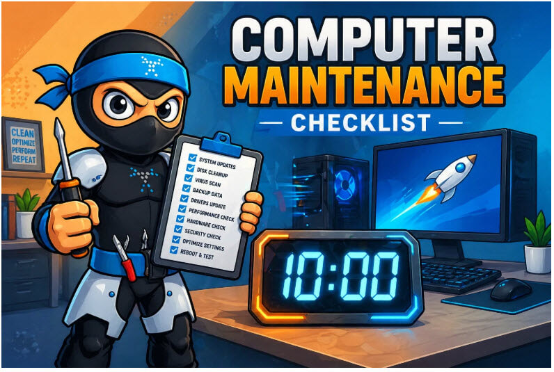 Computer Maintenance Checklist featuring the PC Ninja mascot