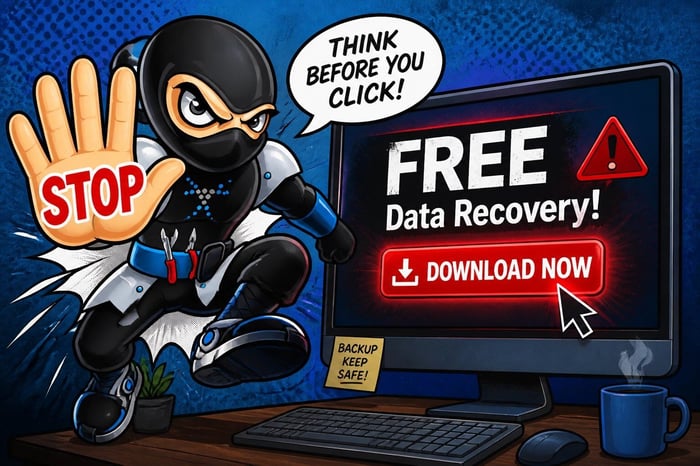 A ninja stopping a user from clicking a dangerous free software button