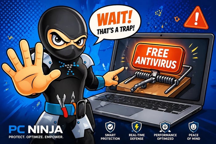 PC Ninja illustration explaining the hidden cost of free antivirus software