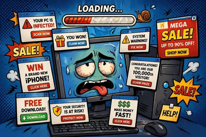 Overwhelmed computer surrounded by antivirus pop-ups and advertisements