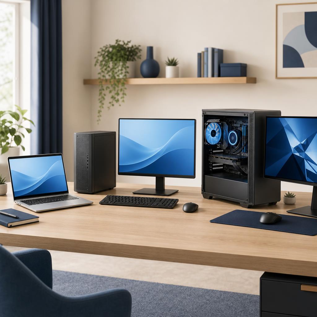Laptop, everyday desktop, and custom desktop options illustrated in a welcoming home workspace.