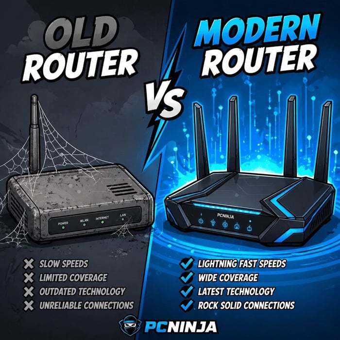 Comparison of an outdated WiFi router and a modern wireless router