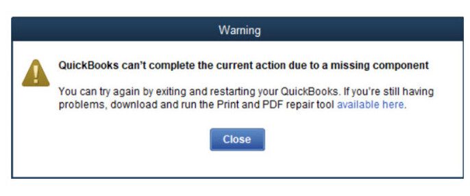 QuickBooks can't complete the current action due to a missing component warning