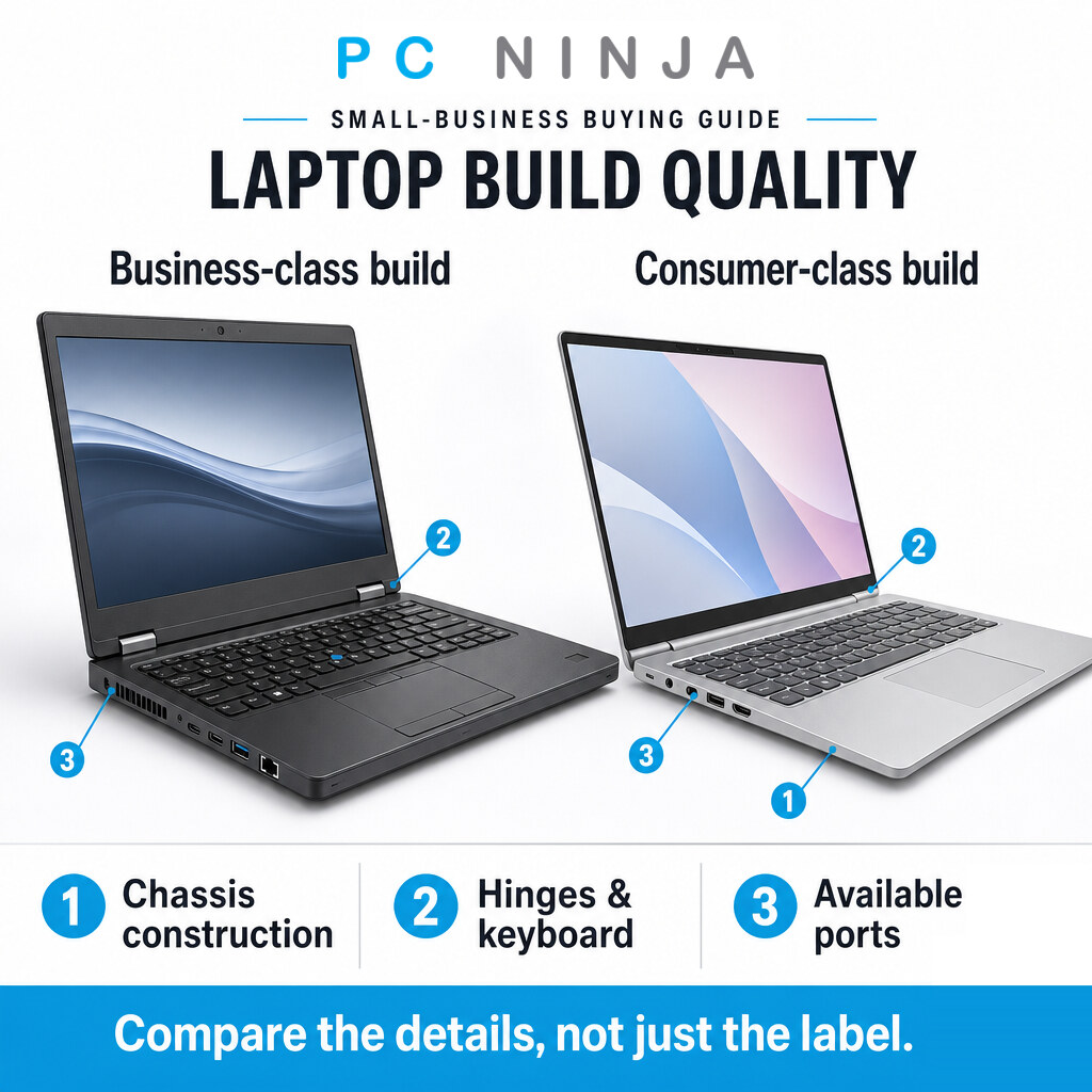 Intact business-class and consumer-class laptops with numbered callouts for chassis construction, hinges and keyboard, and available ports.