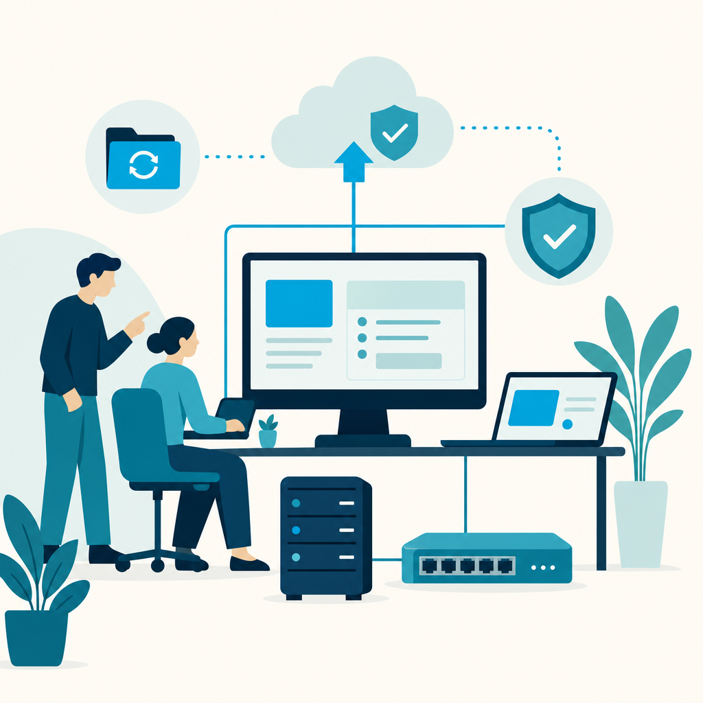 Illustration of a small business workspace with computers, connected data, and security symbols