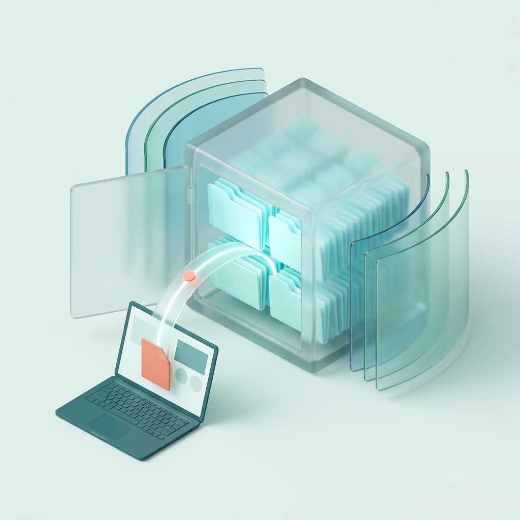 Illustration of saved file copies in a glass archive, with a document returning to a laptop