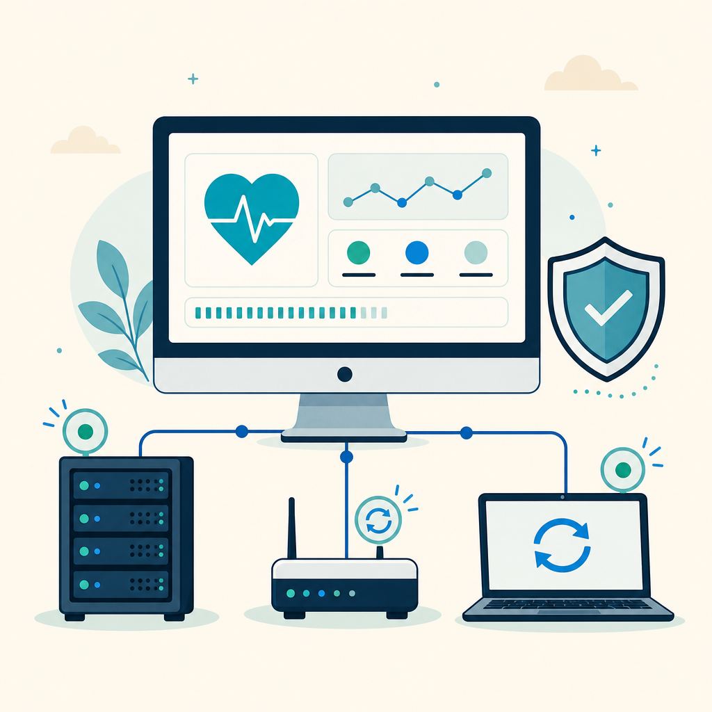 Illustration of connected business devices, a monitoring dashboard, and a security shield