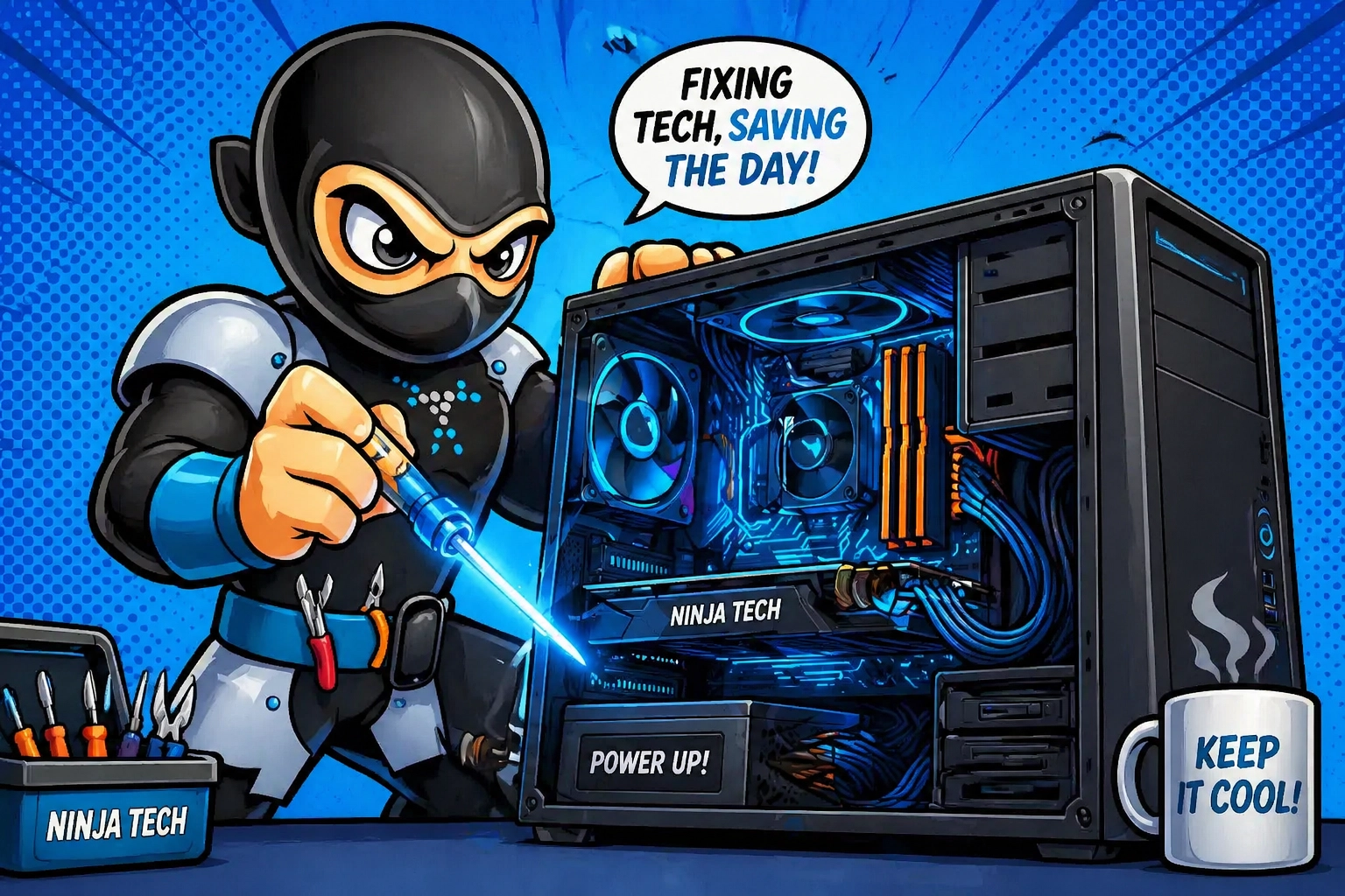 A friendly ninja technician repairing a modern desktop computer with a glowing screwdriver