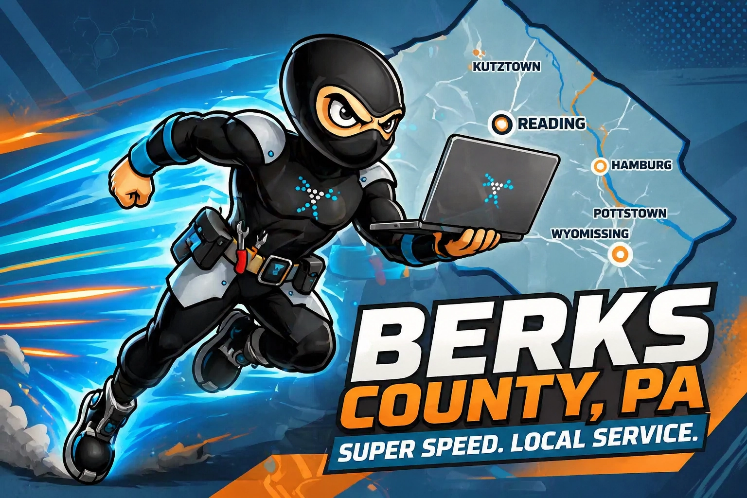 A ninja mascot moving at super speed to deliver a laptop across a map of Berks County