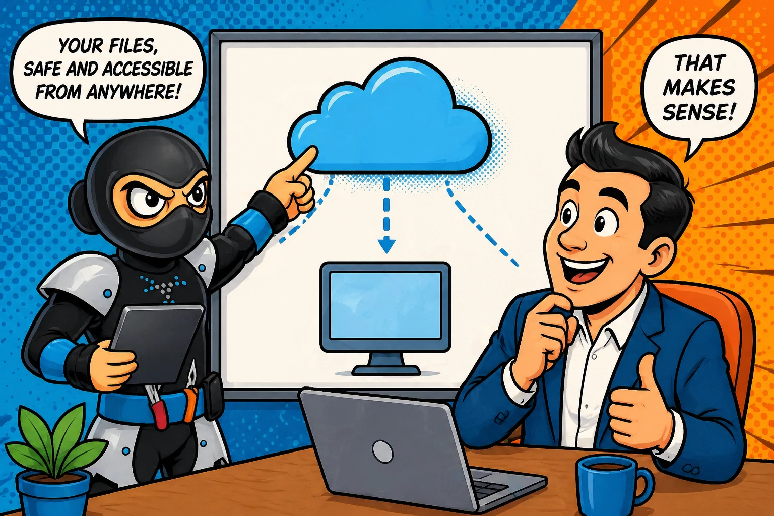 A friendly ninja explaining computer concepts to a happy business owner using simple icons