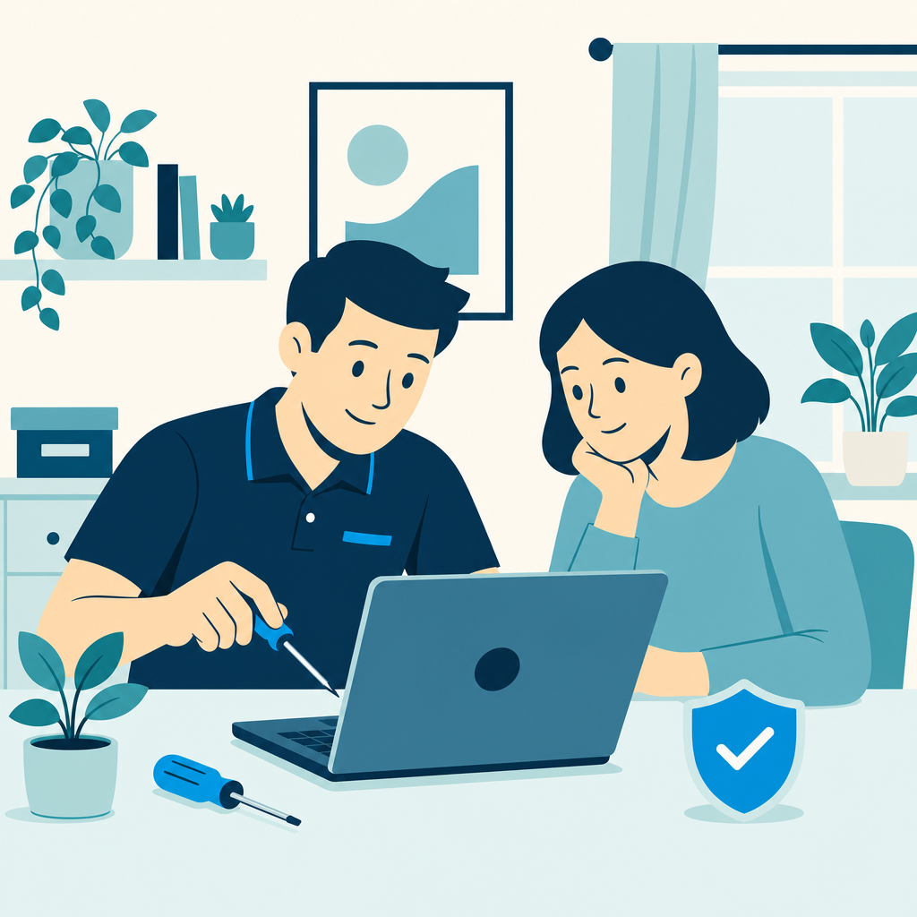 Illustration of a technician helping a homeowner with a laptop