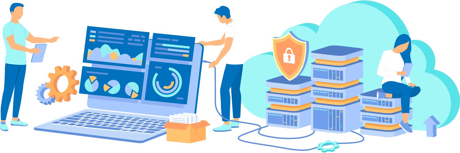 Illustration of IT professionals working with network security and server infrastructure